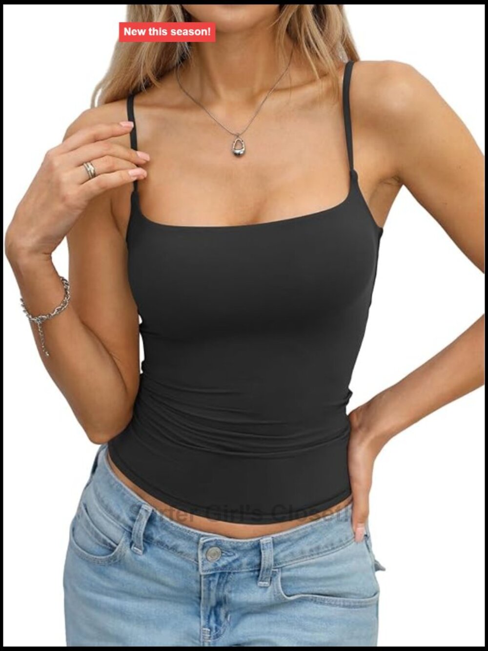 Women's Double Lined Camisole Tank Top Spaghetti Strap Square Neck Slim Fit